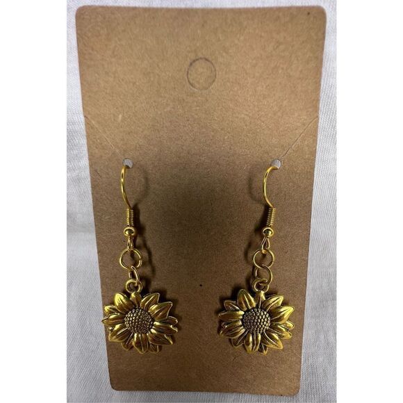 Handmade Dangly Gold Sunflower Earrings With Black Outline - Picture 1 of 4